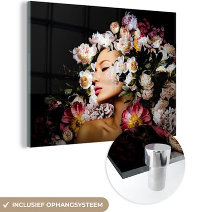 MuchoWow® Glasschilderij 40x30 cm - Schilderij acrylglas - Vrouwen - Bloemen - Rozen - Portret - Foto op glas - Schilderijen