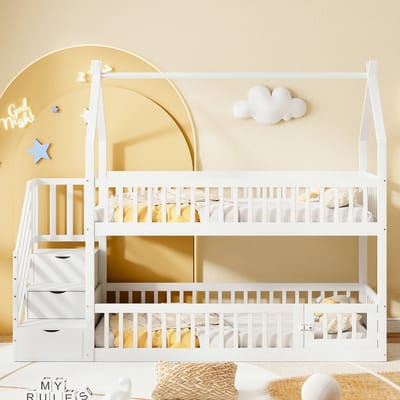 VVBV Kinderstapelbed Huisbed 90x200 cm met Voor Kinderen/Tieners, Huisdesign - Trap/Ladder, Lades - Massief Hout Wit