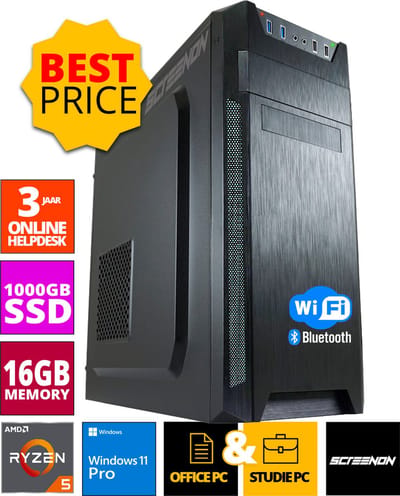 Budget Office PC - Ryzen 5 - 1TB NVMe SSD - 16GB RAM - Radeon Vega 7 + WiFi & Bluetooth - Plug & Play Zakelijke Desktop