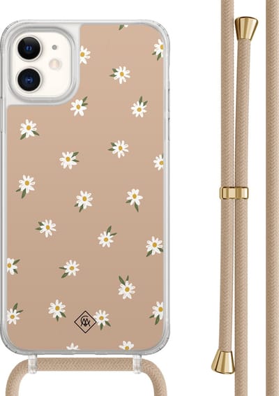 Casimoda® hoesje met beige koord - Geschikt voor iPhone 11 - Sweet Daisies - Afneembaar koord - TPU/acryl - Bruin/beige