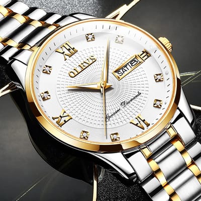 HO-6603.wi : Olevs zilvergoudkl tourbillon/mechanisch edelstaal heren horloge, witte wijzerplaat met aurora cirkel, luminiscerend, dagnaam, kalenderdag, Diamant-zirkonia's