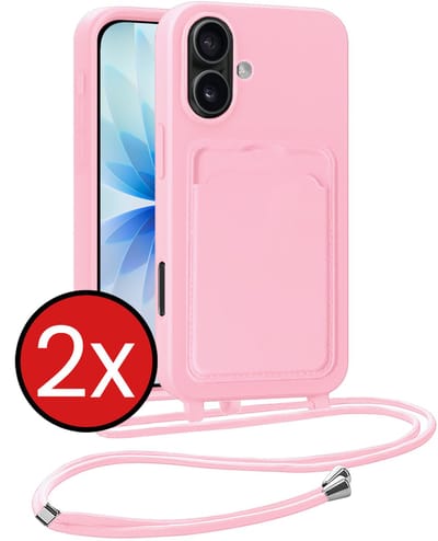 Hoesje Geschikt voor iPhone 17 Hoesje Met Telefoonkoord en Pasjeshouder Siliconen - Hoes Geschikt voor iPhone 17 Hoesje Met Kaarthouder Case - Lichtroze - 2 PACK