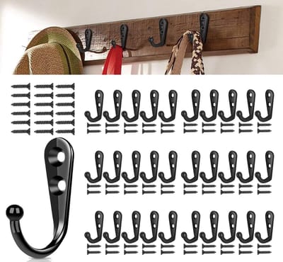 SnelShoppen - 30 Stuks Wandgemonteerde Kledinghaken en Badjas Haken - Rustiek Ontwerp met 60 Schroeven voor Badkamer, Keuken, Garage - Zwart