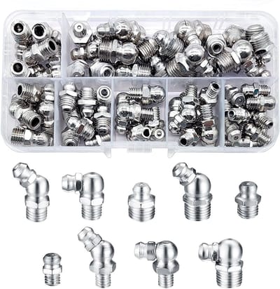 Assortiment van 65 vetnippels, verchroomd ijzer, set met M6 M8 M10 vetnippels, vetnippel kit met 45° 90° 180° en opbergdoos voor onderhoud en smering