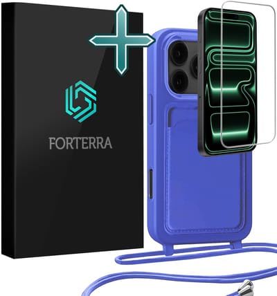 Hoesje Geschikt voor iPhone 17 Pro Pashouder Case Siliconen Hoes Met Koord Met Screenprotector - Hoes Geschikt voor iPhone 17 Pro Met Telefoonkoord Hoesje Back Cover Met Pasjeshouder - Felblauw