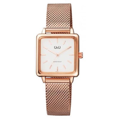 Q&Q QB51J011Y - Horloge - Analoog - Dames - Vrouwen - Mesh/Milanese band - Vierkant - Metaal - Streepjes - Rosékleurig - Zilverkleurig