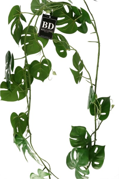 Bellatio Design kunstplant/hangplant slinger - Monstera/gatenplant - groen - 180 cm lang - bladeren guirlandes