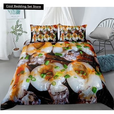Eten Rundvlees Beddengoed Set 3D Vers Vlees Dekbedovertrek King/Queen Size Heerlijke Zeevruchten Sashimi Drumstick Steak Realistisch Dekbedovertrek EU single(135x200cm)