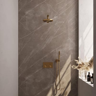 Brauer Gold Carving Thermostatische Regendoucheset Inbouw - Hoofddouche 20 cm - Rechte Wandarm - Met Drukknoppen - Handdouche Staaf - Doucheslang - Wandaansluitbocht - Geborsteld Goud