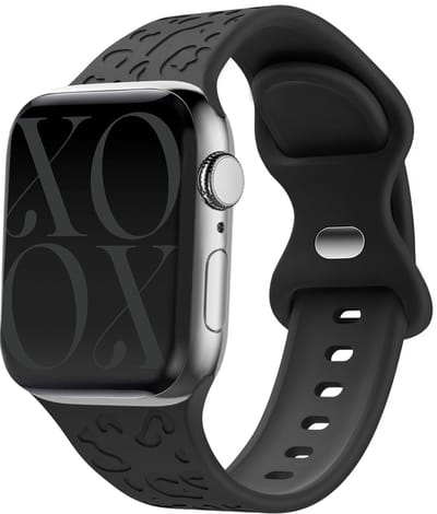xoxo Wildhearts siliconen bandje - Geschikt voor Apple Watch - Series 1/2/3/4/5/6/7/8/9/10/SE/Ultra (2) - Maat: 44 mm / 45 mm / 46 mm / 49 mm - Hoogwaardig silicone materiaal - Horlogeband - Leopard patroon - dierenprint - zwart
