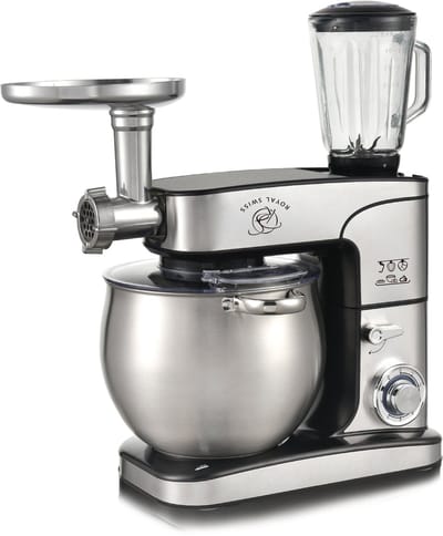Royal Swiss Keukenmachine 10L XXL – 2000W Krachtige Standmixer – 3-in-1 met Vleesmolen & Glazen Blender – 6 Snelheden + Pulse – RVS Mengkom