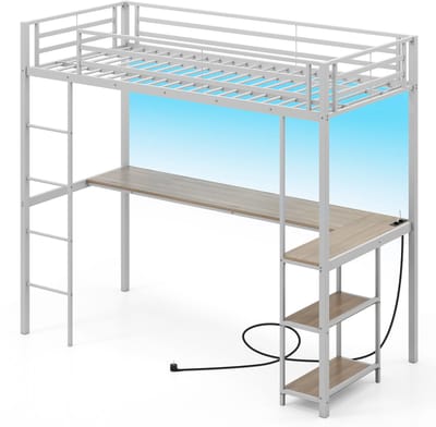 COSTWAY Hoogslaper met bureau, 90 x 200 cm, stapelbed met ledverlichting, laadstation en 2 planken, stapelbed van metaal, kinderbed met veiligheidsleuning en ladder, tienerbed