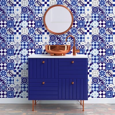 Zelfklevende tegelmuurstickers voor keuken en badkamer - 30 cementtegelstickers, Azulejos Graziella-stijl - 30 stickers, 10x10 cm