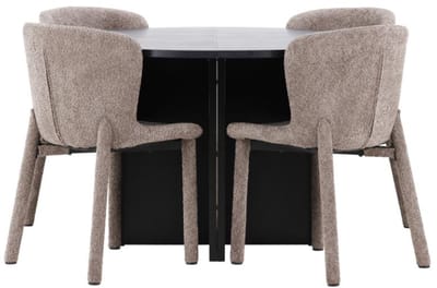 Strada eethoek uittrekbare tafel Ø120cm, 170cm en 4 stoelen zwart, bruin.