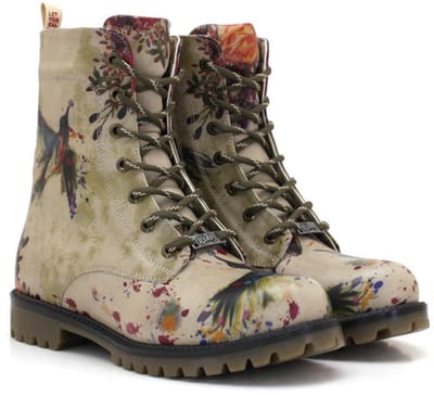 Goby Dames Veterboots – Kolibrie en Bloemen Print – Handgemaakt Vegan Leer – Comfortabele Damesboots – Maat 39