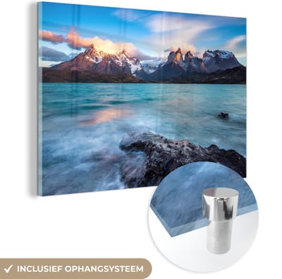 ® Glasschilderij 180x120 cm - Schilderij acrylglas - Meer - Bergen - Zuid- Amerika - Foto op glas - Muurdecoratie woonkamer - Wanddecoratie slaapkamer - Schilderijen