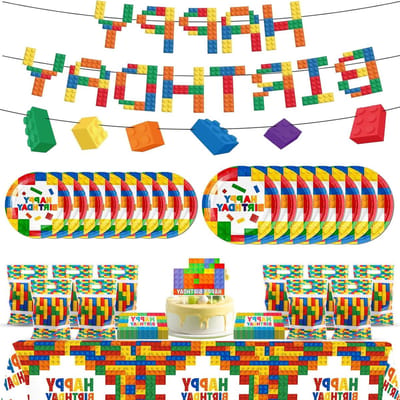 Verjaardagsdecoratie Set met Bouwstenen Thema - Tafelgerei, Banners, Servetten en Cadeauzakjes voor Feesten en Verjaardagen