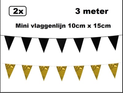 2x Mini Vlaggenlijn Black and Gold party 3 meter- 10cm x 15cm - Zwart en goud - Festival thema feest party verjaardag gala jubileum