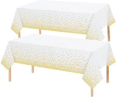 2x Tafelkleed Laken Verjaardag Versiering Tafeldecoratie Feest Wit/Goud Stippen Tafellaken Plastic Tafelzeil 274*137cm