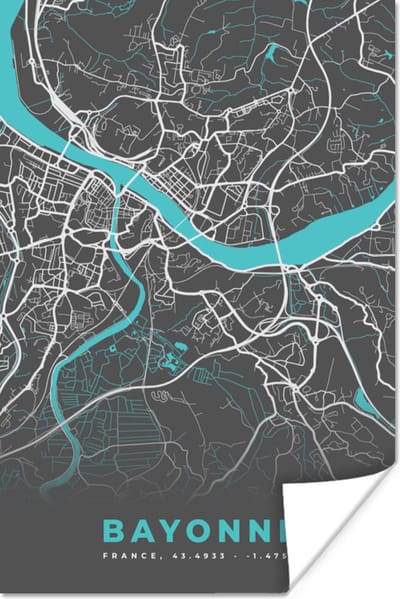 Poster Bayonne - Plattegrond - Kaart - Stadskaart - Frankrijk - 120x180 cm XXL