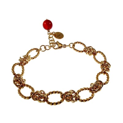 Armband Dames - Verguld RVS - Gedraaid Ovale Schakelsarmband met Byzantijnse Schakel en Rode Agaat - Verstelbaar 15cm tot 19cm