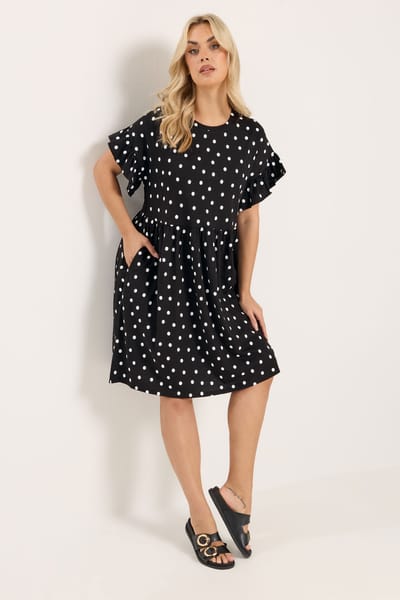 Yours Zwarte Tuniekjurk Met Stippen En Ruches Aan De Mouwen Size 42