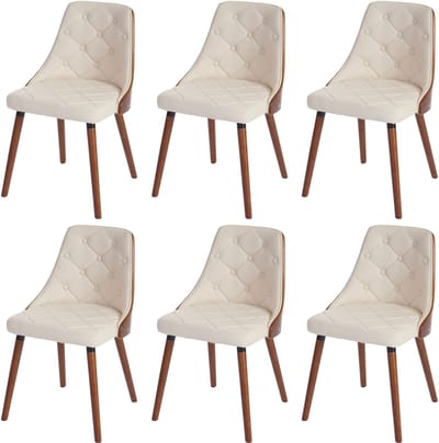 Set van 6 eetkamerstoelen MCW-A75, bezoekersstoel keukenstoel, walnoot-look gebogen hout ~ kunstleer crème