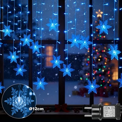 MUPOO Sneeuwvlokken Kerstverlichting Lichtgordijn - 16 sneeuwvlok LED’s Ø12cm - Ijspegel gordijnverlichting 1,8 Meter - Lichtslinger Kerst - met 8 Modi - Timer - voor Balkon Tuin - Blauw - Raamdecoratie