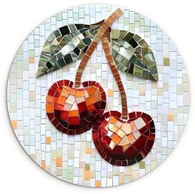 WallCircle® Wandcirkel 120x120 cm - Muurcirkel Kersen - Rood - Mozaïek - Blaadjes - Muurdecoratie woonkamer - Wanddecoratie slaapkamer - Kamer decoratie accessoires - Ronde schilderijen XXL