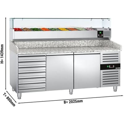 GGM Gastro Pizzakühltisch ECO - 2000x800mm - mit 2 Türen & 7 Schubladen - inkl. Kühlaufsatzvitrine - 10x GN 1/4 Zilver