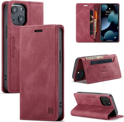 Luxe Flip Case met RFID Bescherming Kaarthouder en Magneetsluiting voor iPhone 13 Mini / 12 Mini _ Wijnrood