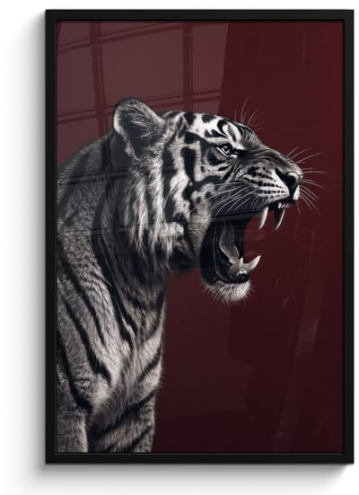 Poster in lijst - Fotolijst 60x90 cm - Posters - Tijger - Brult - Bordeaux - Posterlijst zwart - Decoratie - Wanddecoratie woonkamer - Muurdecoratie slaapkamer