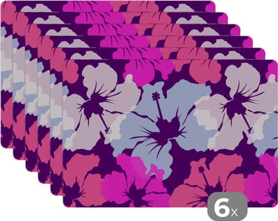 Placemat - Placemats kunststof - Pastel - Hibiscus - Bloem - Hawaii - Design - 45x30 cm - 6 stuks - Hittebestendig - Anti-Slip - Onderlegger - Afneembaar