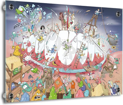 Tandarts Cartoon op plexiglas - Uniek ontwerp - Roland Hols - Gebitsbescherming - 30 x 40 cm - 5 mm dik - inclusief 4 afstandhouders chroom (zilverkleurig) - Decoratie - Orthodontist - Mondhygiënist