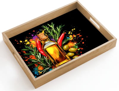 Dienblad hout 40x30 cm - Schootdienblad - Olijfolie - Graffiti - Peper - Olijven - Modern - Borrelplank rechthoek - Plateau dienbladen