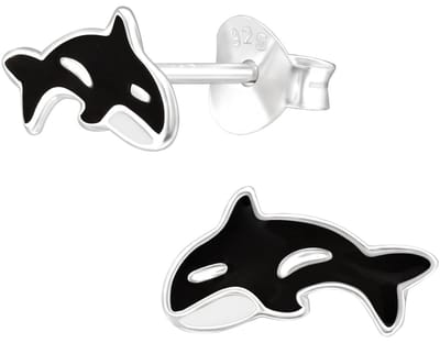 Joy|S - Zilveren orka / walvis oorbellen - zwart wit - 10 x 5 mm - vis - oorknoppen