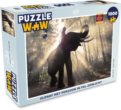 Puzzel Olifant met persoon in fel zonlicht - Legpuzzel - Puzzel 1000 stukjes volwassenen