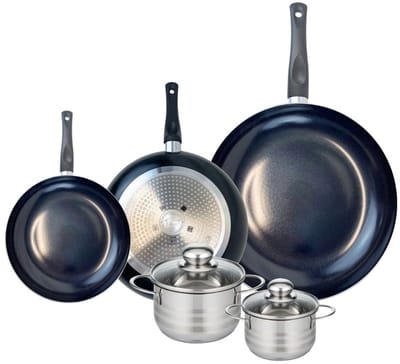 Set van 3 Kookpannen 20, 24 en 32 cm en 2 braadpannen 12 en 14 cm Elo Prima Glanzend