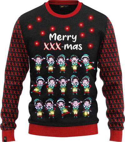JAP Christmas Kersttrui met lichtjes (maat S) - 100% Gerecycled - Kriebelt niet - Kerstcadeau volwassenen - Foute Kersttrui dames en heren - Merry XXX-mas - Blauw