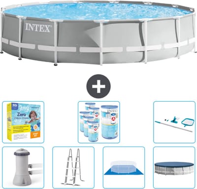 Intex Rond Prism Frame Zwembad - 457 x 107 cm - Grijs - Inclusief Pomp - Ladder - Grondzeil - Afdekzeil Onderhoudspakket - Filters - Schoonmaakset