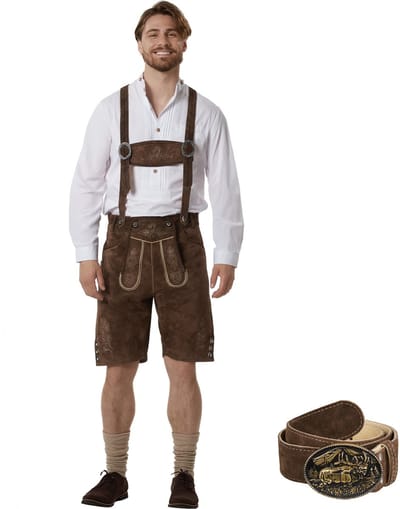 dressforfun - Authentieke Korte Lederhosen Jakob - Met Riem en Bretels - Echt Leer - Donkerbruin - 48 - Oktoberfest Kleding Man - Herenkostuum - Verkleedkleding - Duitse Klederdracht - Carnavalskleding - Klederdrachtvest - Traditionele Leren Broek