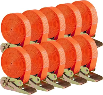 Set van 10 robuuste spanbanden van 6 m lang, 25 mm breed, tot 800 kg laadcapaciteit voor het veilig vastzetten van ladingen