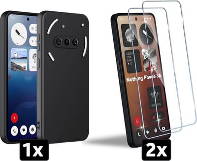 Casemania Hoesje & Glas Geschikt voor Nothing Phone 3a - Zwart - Siliconen Back Cover + 2x Glazen Screenprotector