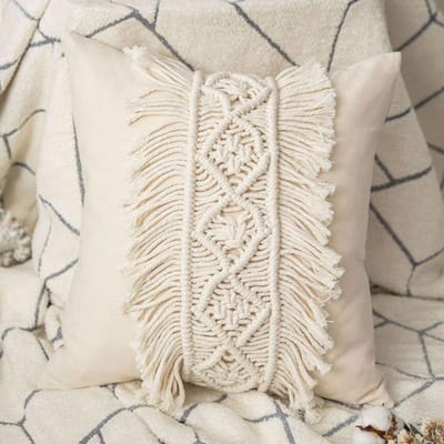 Bohemian Macramé Kussenslopen Handgeweven Sierkussenslopen Boerderij Decoratief Kussenhoes met Kwastjes voor Huisdecoratie 45x45cm beige