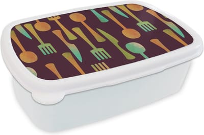 Broodtrommel Wit - Lunchbox Keukengerei - Patroon - Retro - Brooddoos 18x12x6 cm - Brood lunch box - Broodtrommels voor kinderen en volwassenen