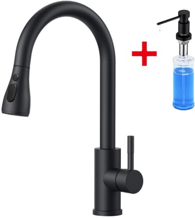 Cecipa max Zwarte Keukenkraan met Uittrekbare uitloop - Met Zeepdispenser 300ML - 2 Straalsoorten - 360° Draaibaar - Roestvrij staal
