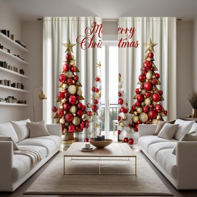 Rideau boule de Noël à cravate rouge numérique HD en 2 parties tour décoration de maison style décoration salon chambre à coucher porter rideau à tringle ef W52H63inchW132H160cm white