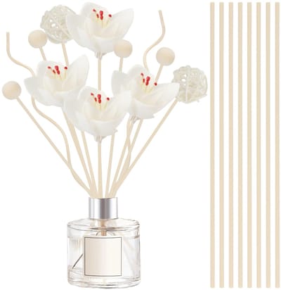 Dailygoods - YUE QIN 22 stuks kamergeurstokjes, rotan, houten diffuserstokjes, rituelen, geurstokjes, houtkleur, wit, rotanstokjes met bloemen, diffuser stokjes voor badkamer, kantoor, woonkamer, slaapkamer, hotel