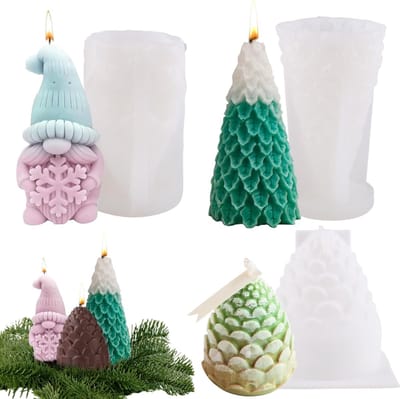 Cadeau-ideeën voor de Feestdagen: 3-delige Siliconen Mallen voor Kerstkaarsen met Dennenboom, Kerstman en Dennenappels voor DIY Kaarsen Maken