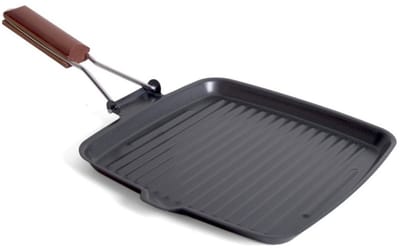 San Ignacio grillpan/koekenpan - anti aanbaklaag - houten handvat - 26 x 26 x 6 cm - zwart - grillrooster